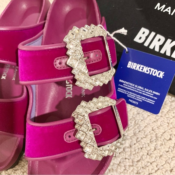 Fuchsia Pink Purple Arizona Crystal Buckle Velvet 2-Band Sandals - Picture 5 of 13